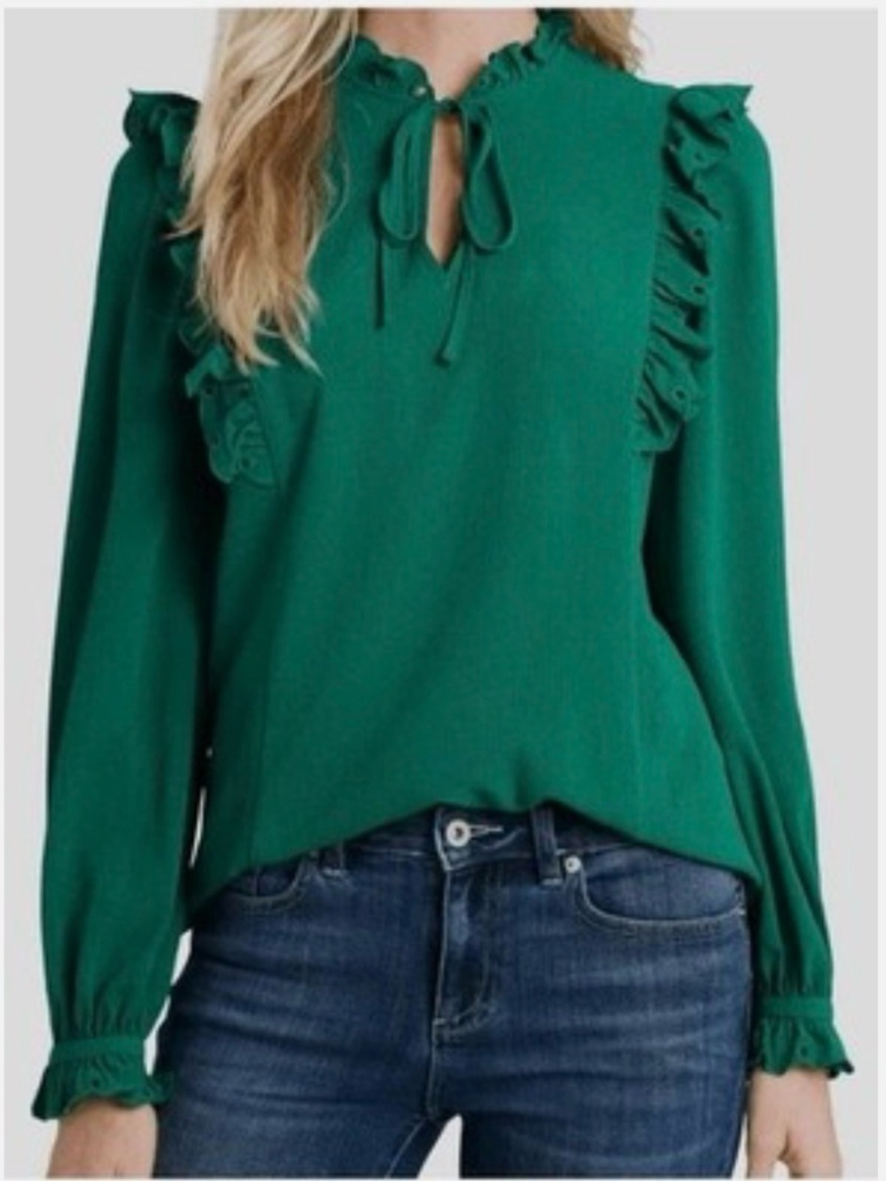 CeCe Emerald Green Ruffle Tie-Neck Blouse